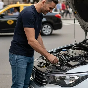 Mecánico revisando el motor de un auto con el capot levantado