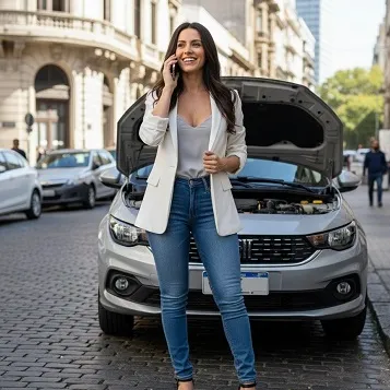 Mujer hablando por teléfono parada adelante de un auto con el capot levantado