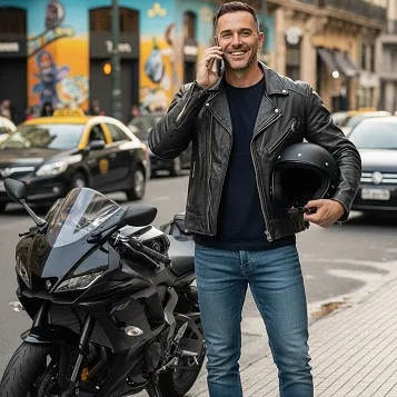 Hombre parado al lado de una moto negra hablando por teléfono